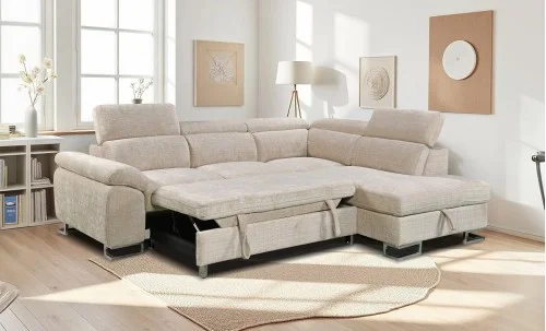 Colțar Extensibil Cremona KF7629 cu Ladă Depozitare, Șezlong Dreapta, Bej