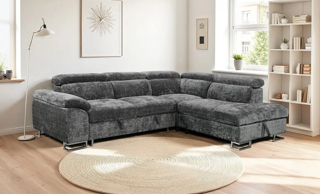 Colțar Extensibil Cremona KF7629 cu Ladă Depozitare, Șezlong Dreapta, Gri