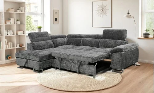 Colțar Extensibil Cremona KF7629 cu Ladă Depozitare, Șezlong Stânga, Gri