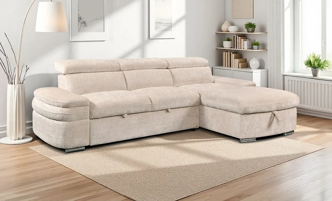 Colțar Extensibil Cremona KF7868 cu 2 Spații Depozitare, Șezlong Dreapta, Bej