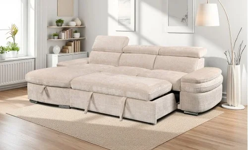 Colțar Extensibil Cremona KF7868 cu 2 Spații Depozitare, Șezlong Stânga, Bej