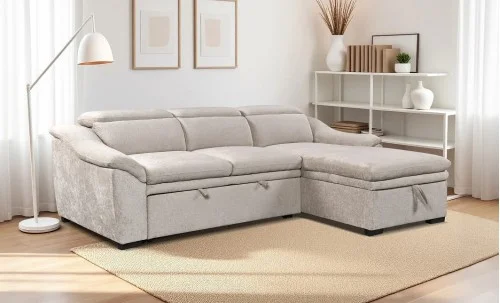 Colțar Extensibil Harmony KF7489 cu Ladă Depozitare, Șezlong Dreapta, Gri Deschis