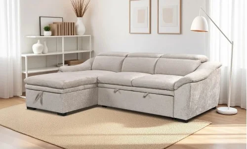 Colțar Extensibil Harmony KF7489 cu Ladă Depozitare, Șezlong Stânga, Gri Deschis