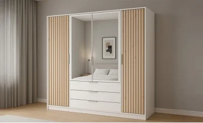 Dulap Bali Lux 4 Usi D4 Alb cu Riflaj si Oglinda