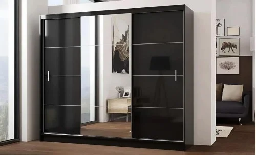 Dulap Vista Negru 250 Uși Glisante cu Oglindă