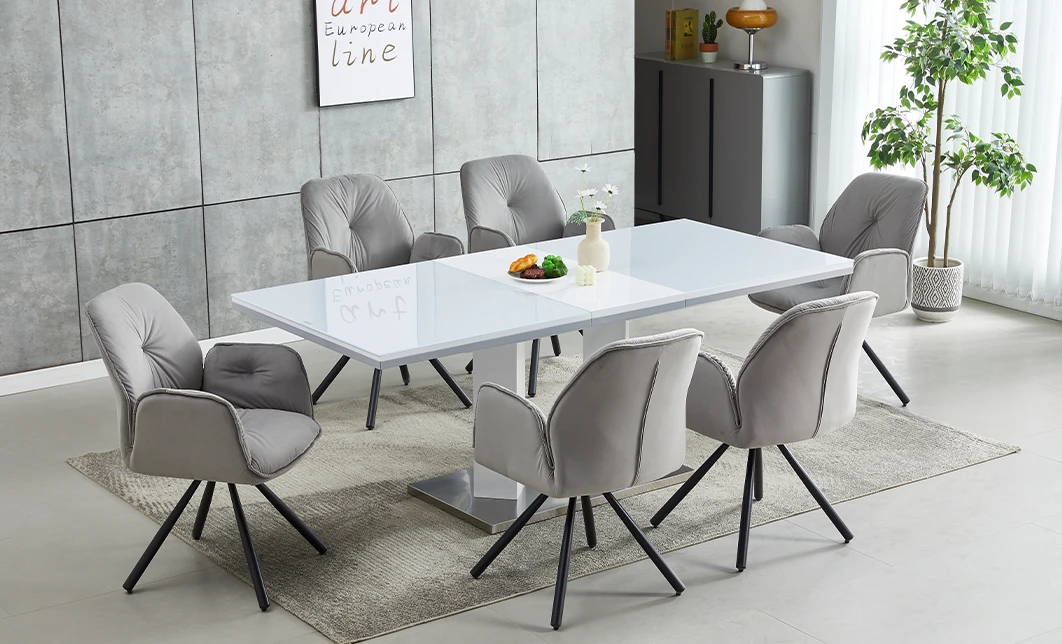 Set Masă Living Extensibilă KJT381 Alb cu 6 Scaune KJC80 Gri