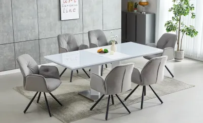 Set Masă Living Extensibilă KJT381 Alb cu 6 Scaune KJC80 Gri