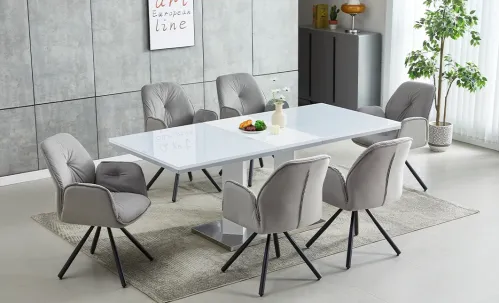 Set Masă Living Extensibilă KJT381 Alb cu 6 Scaune KJC80 Gri