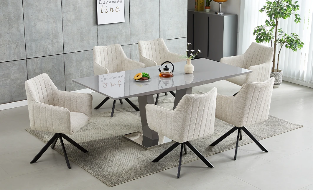 Set Masă Living Extensibilă KJT382 Gri cu 6 Scaune KJC385 Bej