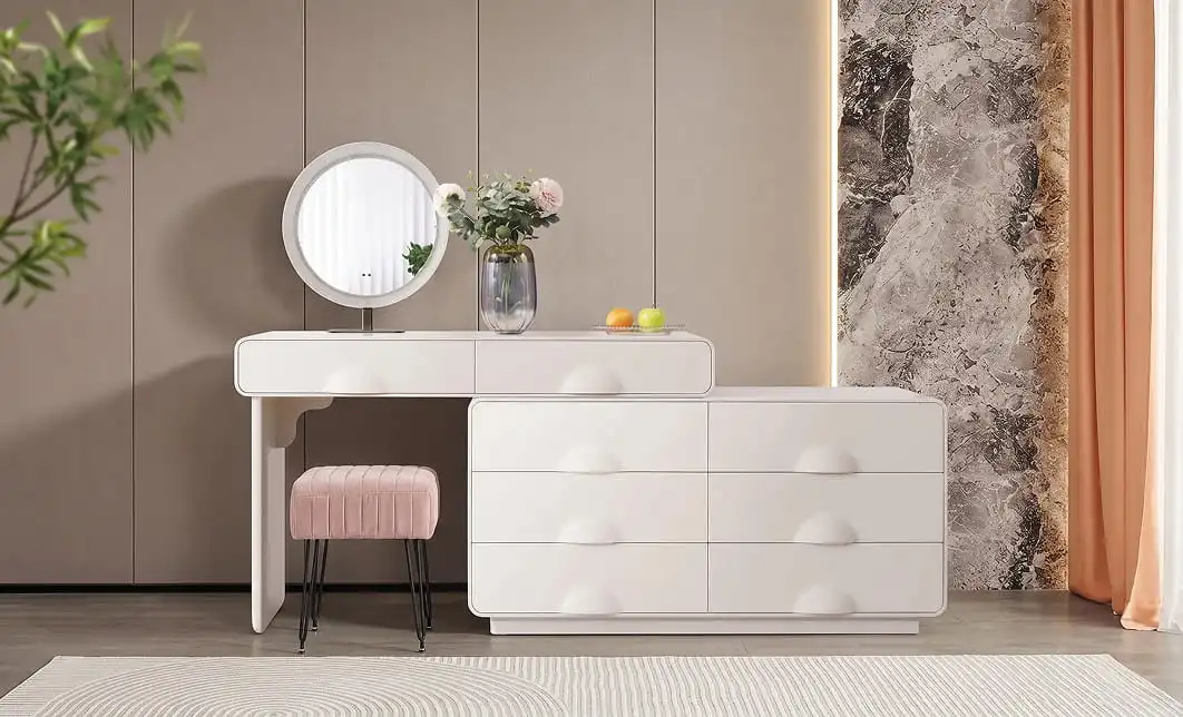 Măsuță Toaletă T636-8 Albă Extensibilă cu 3 culori LED și Oglindă 2
