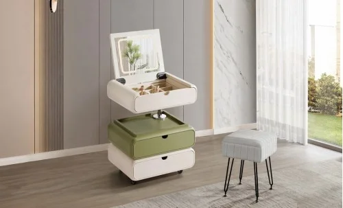 Măsuță Toaletă Ajustabilă pe Înălțime T680-3 Albă / Verde Extensibilă cu 3 culori LED și Oglindă Reglabilă