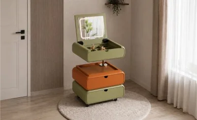 Măsuță Toaletă Ajustabilă pe Înălțime T680-3 Verde / Portocalie Extensibilă cu 3 culori LED și Oglindă Reglabilă