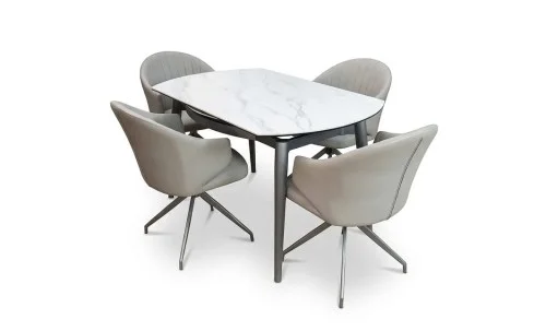 Set Masă Living Extensibilă CT106 Blat Ceramic Alb cu 4 Scaune CY815 Gri