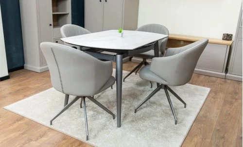 Set Masă Living Extensibilă CT106 Blat Ceramic Alb cu 4 Scaune CY815 Gri