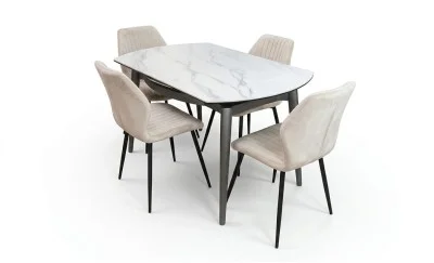 Set Masă Living Extensibilă CT106 Blat Ceramic Alb cu 4 Scaune Tapițate KJC104 Bej