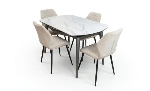 Set Masă Living Extensibilă CT106 Blat Ceramic Alb cu 4 Scaune Tapițate KJC104 Bej