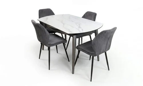 Set Masă Living Extensibilă CT106 Blat Ceramic Alb cu 4 Scaune Tapițate KJC104 Gri