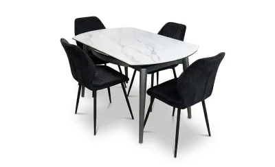 Set Masă Living Extensibilă CT106 Blat Ceramic Alb cu 4 Scaune Tapițate KJC104 Negre
