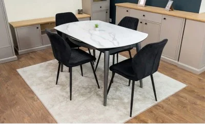 Set Masă Living Extensibilă CT106 Blat Ceramic Alb cu 4 Scaune Tapițate KJC104 Negre