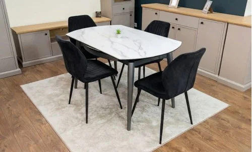Set Masă Living Extensibilă CT106 Blat Ceramic Alb cu 4 Scaune Tapițate KJC104 Negre