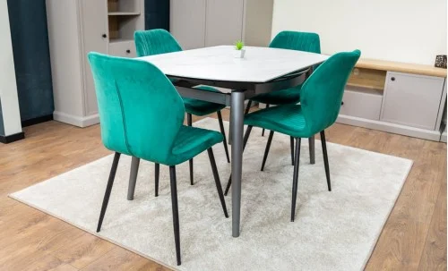 Set Masă Living Extensibilă CT106 Blat Ceramic Alb cu 4 Scaune Tapițate KJC104 Verzi