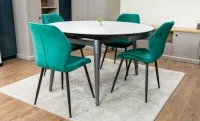 Set Masă Living Extensibilă CT106 Blat Ceramic Alb cu 4 Scaune Tapițate KJC104 Verzi 5