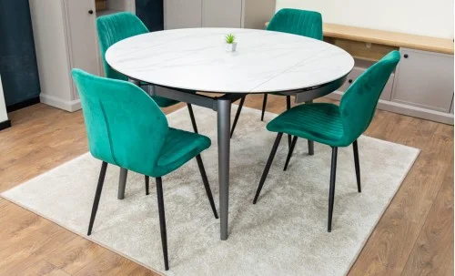 Set Masă Living Extensibilă CT106 Blat Ceramic Alb cu 4 Scaune Tapițate KJC104 Verzi