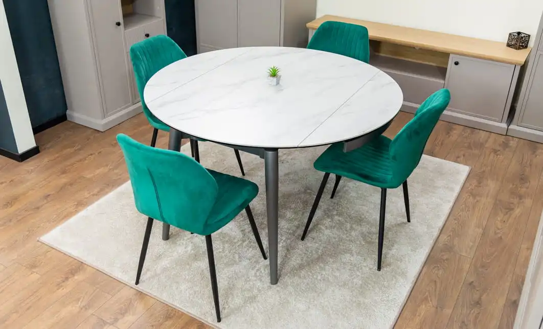Set Masă Living Extensibilă CT106 Blat Ceramic Alb cu 4 Scaune Tapițate KJC104 Verzi 7