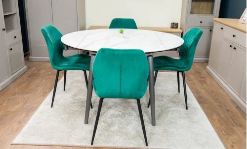 Set Masă Living Extensibilă CT106 Blat Ceramic Alb cu 4 Scaune Tapițate KJC104 Verzi