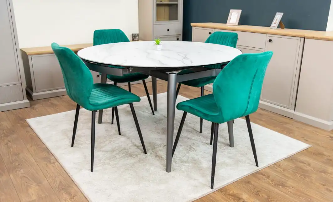Set Masă Living Extensibilă CT106 Blat Ceramic Alb cu 4 Scaune Tapițate KJC104 Verzi 10