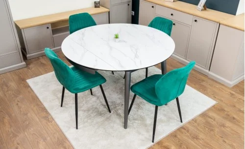 Set Masă Living Extensibilă CT106 Blat Ceramic Alb cu 4 Scaune Tapițate KJC104 Verzi