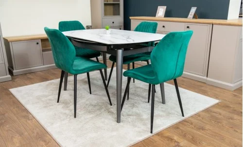 Set Masă Living Extensibilă CT106 Blat Ceramic Alb cu 4 Scaune Tapițate KJC104 Verzi