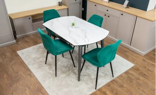 Set Masă Living Extensibilă CT106 Blat Ceramic Alb cu 4 Scaune Tapițate KJC104 Verzi