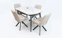 Set Masă Living Extensibilă CT106 Blat Ceramic Alb cu 4 Scaune Tapițate KJC356 Bej 1