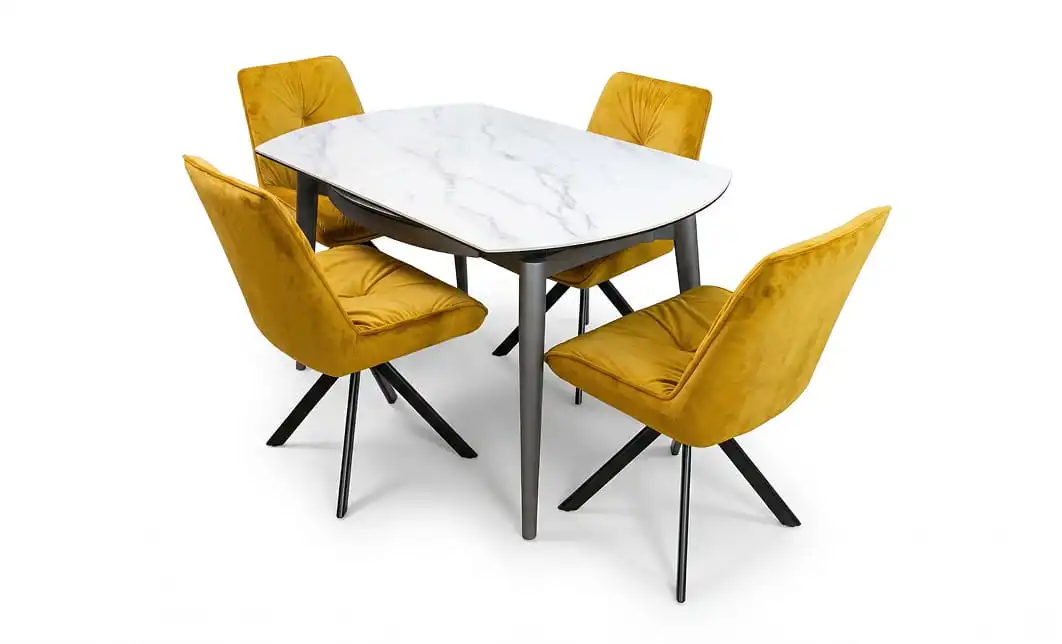Set Masă Living Extensibilă CT106 Blat Ceramic Alb cu 4 Scaune Tapițate KJC356 Galbene 1