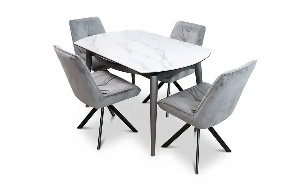 Set Masă Living Extensibilă CT106 Blat Ceramic Alb cu 4 Scaune Tapițate KJC356 Gri 1