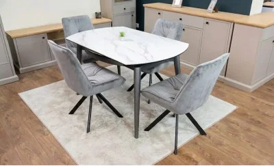 Set Masă Living Extensibilă CT106 Blat Ceramic Alb cu 4 Scaune Tapițate KJC356 Gri