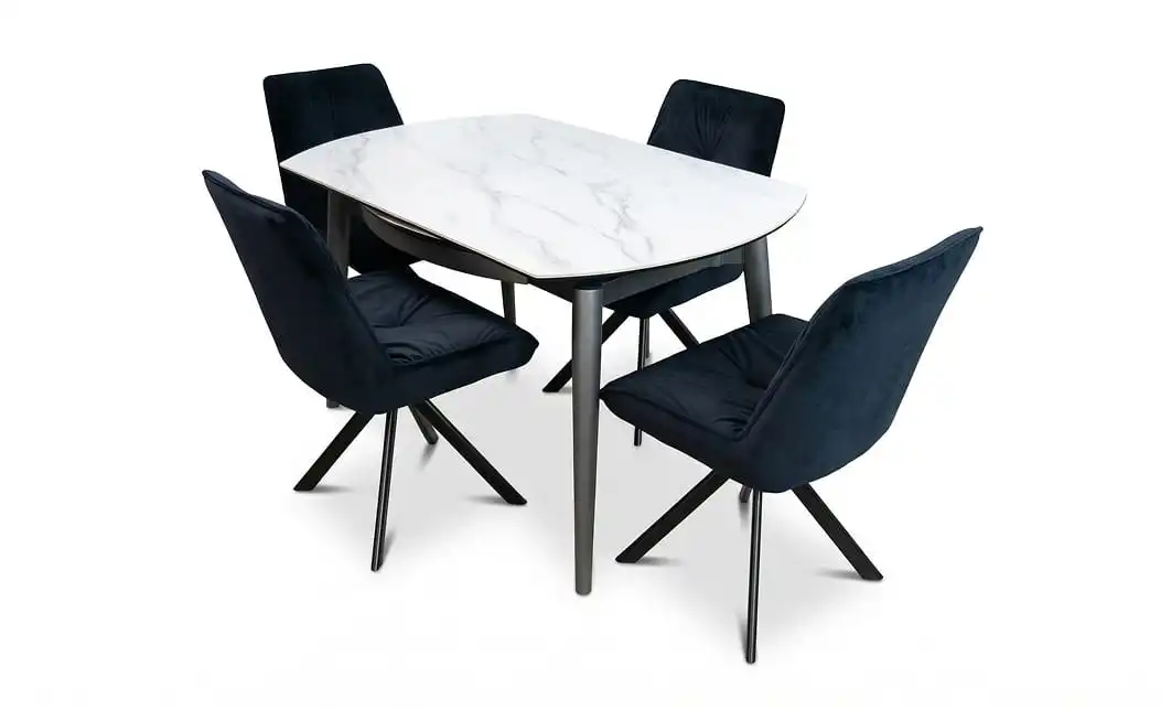 Set Masă Living Extensibilă CT106 Blat Ceramic Alb cu 4 Scaune Tapițate KJC356 Negre 1