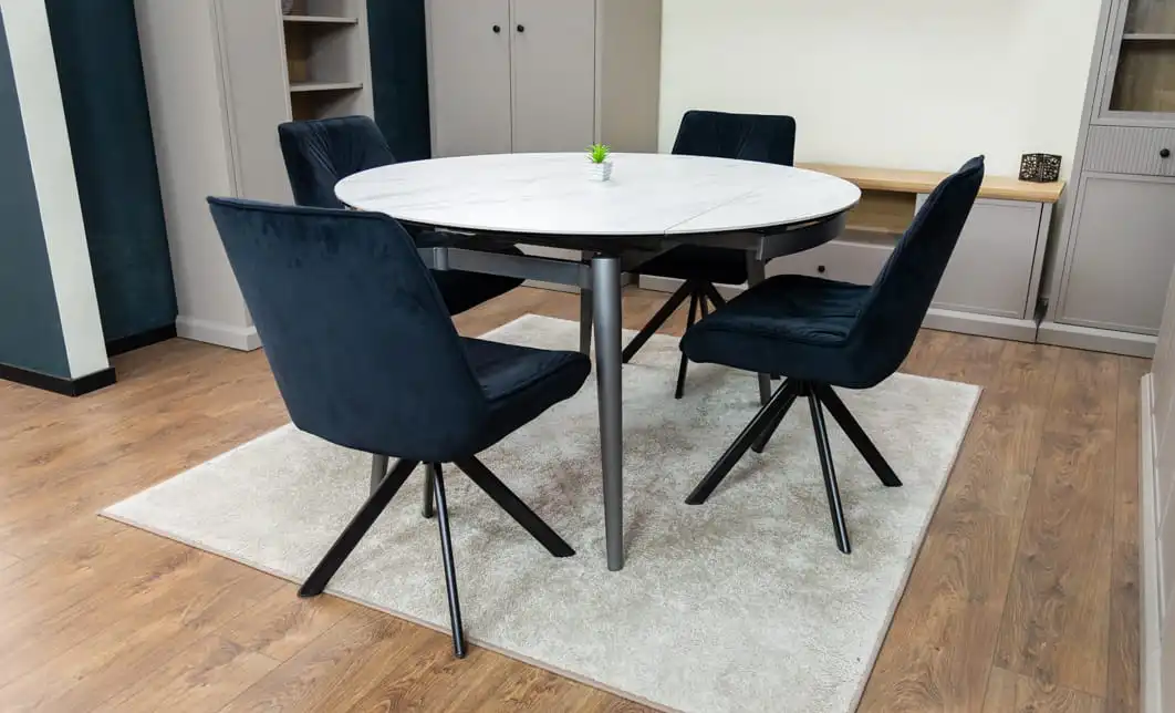 Set Masă Living Extensibilă CT106 Blat Ceramic Alb cu 4 Scaune Tapițate KJC356 Negre 5