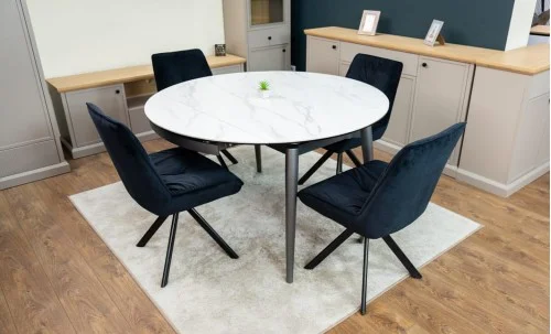Set Masă Living Extensibilă CT106 Blat Ceramic Alb cu 4 Scaune Tapițate KJC356 Negre