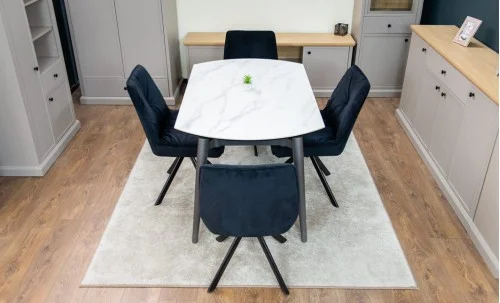 Set Masă Living Extensibilă CT106 Blat Ceramic Alb cu 4 Scaune Tapițate KJC356 Negre