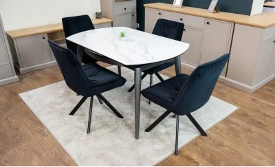 Set Masă Living Extensibilă CT106 Blat Ceramic Alb cu 4 Scaune Tapițate KJC356 Negre
