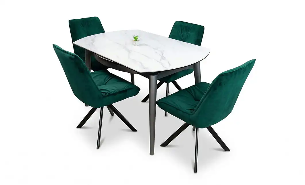 Set Masă Living Extensibilă CT106 Blat Ceramic Alb cu 4 Scaune Tapițate KJC356 Verzi 1