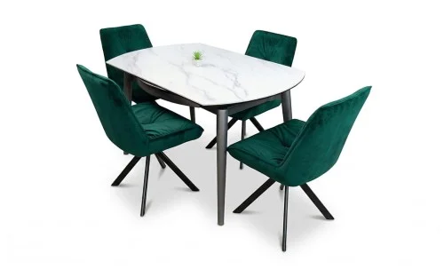 Set Masă Living Extensibilă CT106 Blat Ceramic Alb cu 4 Scaune Tapițate KJC356 Verzi