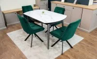 Set Masă Living Extensibilă CT106 Blat Ceramic Alb cu 4 Scaune Tapițate KJC356 Verzi