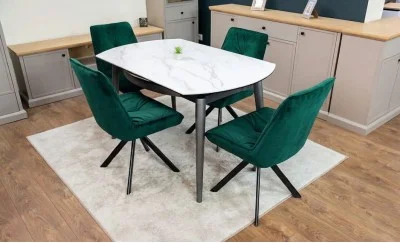 Set Masă Living Extensibilă CT106 Blat Ceramic Alb cu 4 Scaune Tapițate KJC356 Verzi