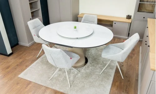 Set Masă Living Extensibilă CT163 Blat Ceramic Alb cu 4 Scaune DCM0108CS Gri Deschis