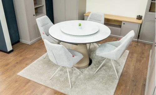 Set Masă Living Extensibilă CT163 Blat Ceramic Alb cu 4 Scaune DCM0108CS Gri Deschis