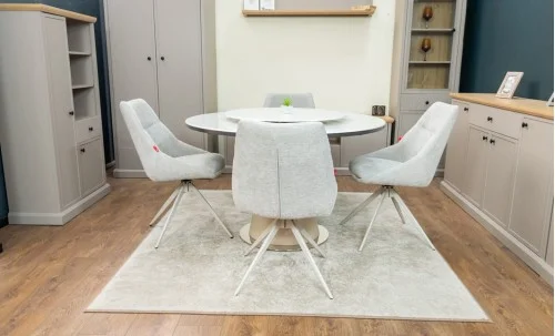 Set Masă Living Extensibilă CT163 Blat Ceramic Alb cu 4 Scaune DCM0108CS Gri Deschis