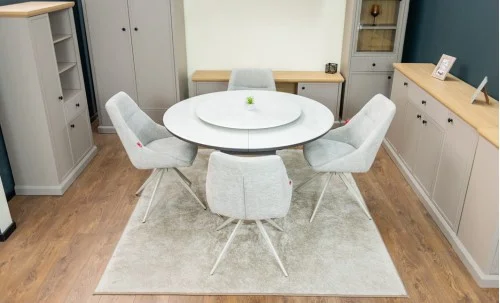 Set Masă Living Extensibilă CT163 Blat Ceramic Alb cu 4 Scaune DCM0108CS Gri Deschis